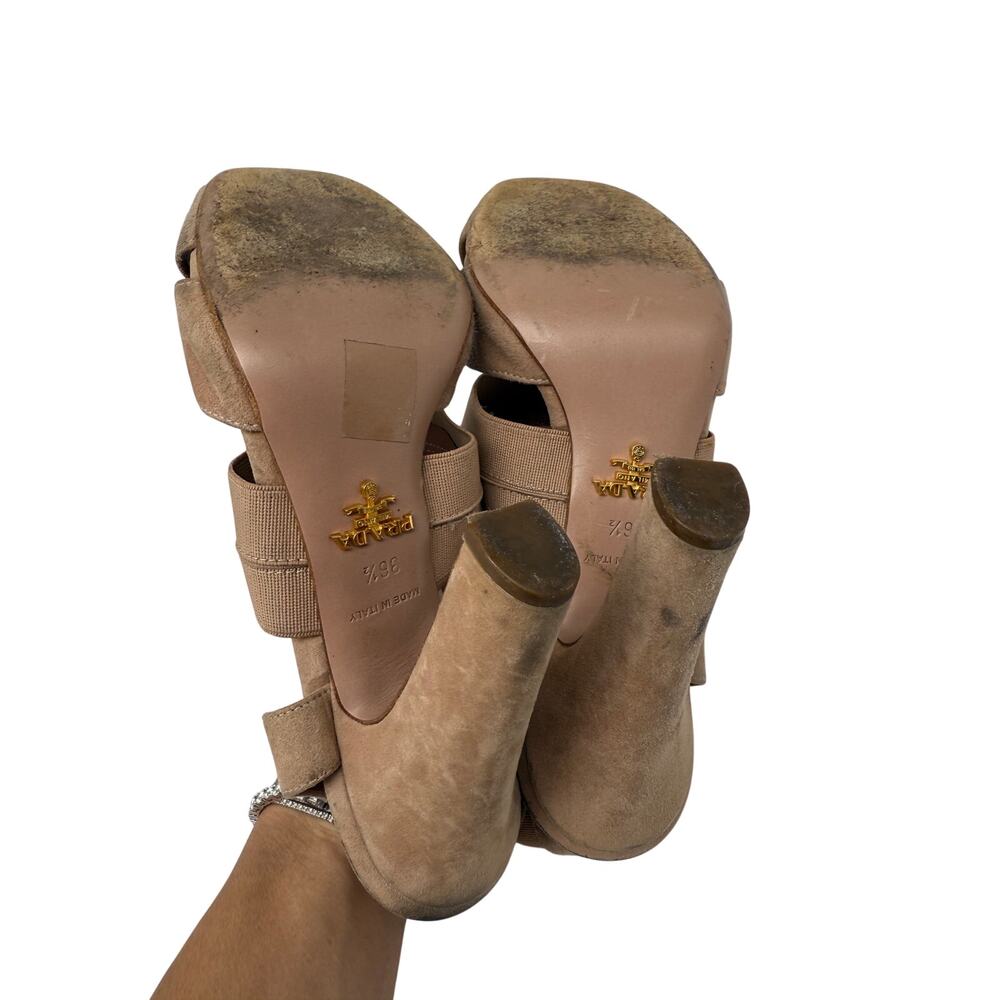 Prada Suede Leather Elastic Strappy Heeled Sandals Beige Women's Size 36.5 - Picture 6 of 8